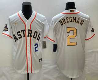 Mens Houston Astros #2 Alex Bregman Number 2023 White Gold World Serise Champions Patch Cool Base Stitched Jersey->houston astros->MLB Jersey